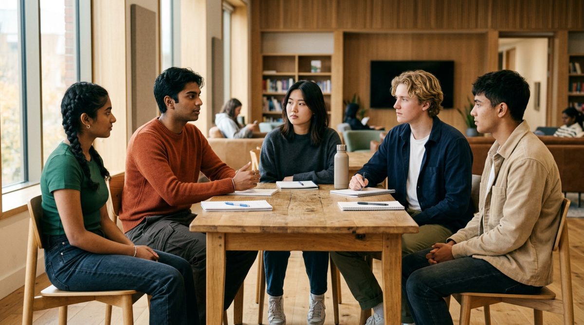 Older students in a serious group discussion