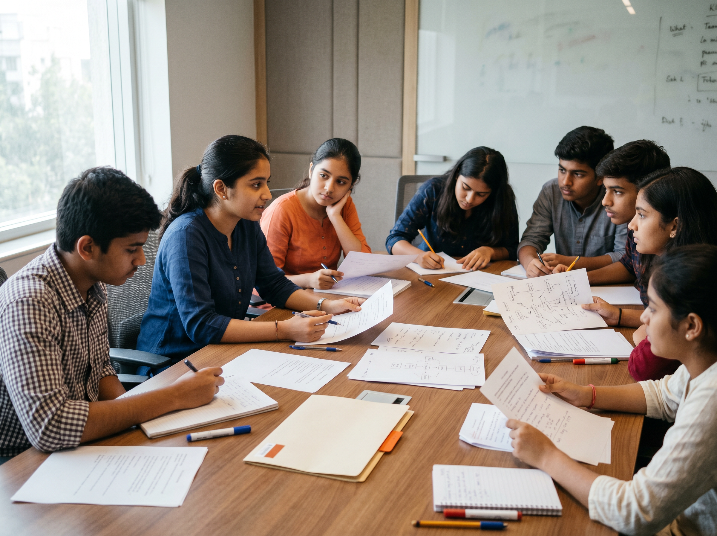 Indian teenagers mid-simulation in a premium meeting room